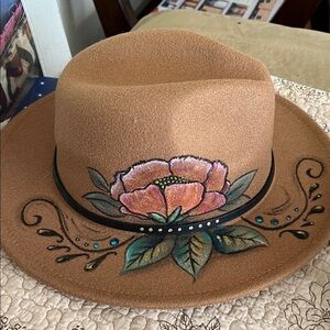 Handpainted Floral Embellished Felt Hat
